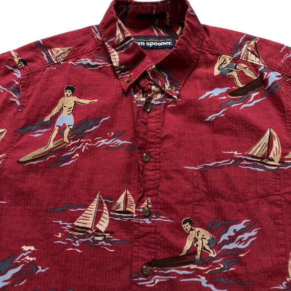 Reyn Spooner Shirt Mens Size M Short Sleeve Geometric Surf Sailboats Print Red - Picture 3 of 5